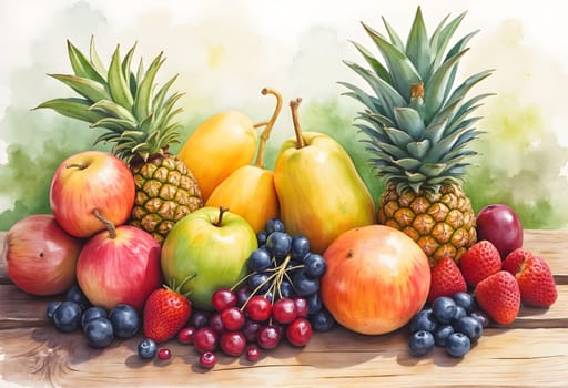 A beautiful watercolor depicting fresh fruits artfully arranged on a rustic wooden table, capturing the vibrant colors and natural textures.