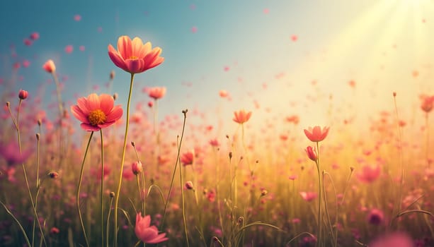 A vibrant, abstract representation of spring and summer flowers blooming in the grass, with a sunny, colorful atmosphere.
