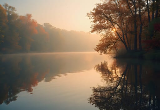 A peaceful watercolor depiction of a serene lakeside scene featuring reflections of trees, creating a calm and harmonious atmosphere.