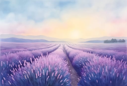 A serene watercolor painting of a blooming lavender field beneath a soft pastel sky, capturing the beauty of nature in tranquil tones.