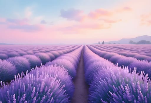 A serene watercolor painting of a blooming lavender field beneath a soft pastel sky, capturing the beauty of nature in tranquil tones.