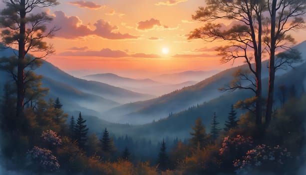 A watercolor painting of Great Smoky Mountains National Park at sunset, showcasing warm hues, misty ridges, and a tranquil atmosphere.