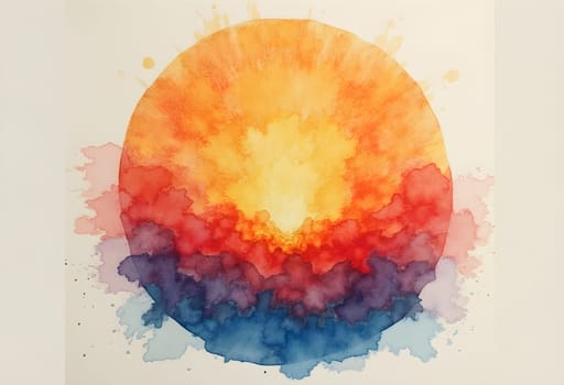 A circular watercolor gradient featuring vibrant sunset hues, blending warm oranges, pinks, and purples.