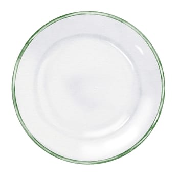 Plate watercolor. Hand drawn porcelain dish with blue border on isolated white background. Clip art tableware. Ideal for restaurant menus, recipe books and advertising posters. High quality illustration