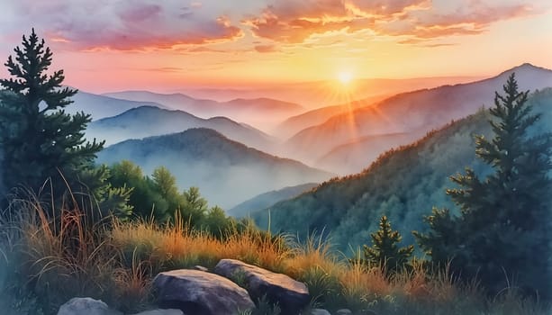 A watercolor painting of Great Smoky Mountains National Park at sunrise, featuring vibrant hues, misty valleys, and majestic peaks.