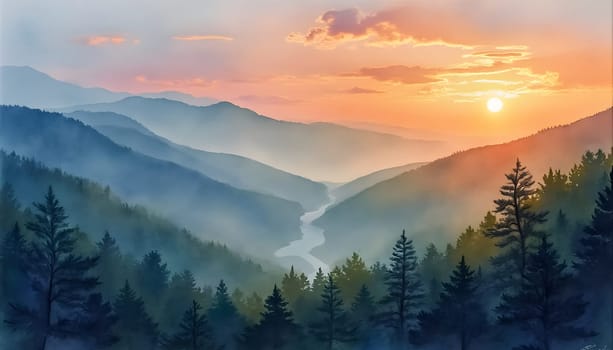 A watercolor painting of Great Smoky Mountains National Park at sunrise, featuring vibrant hues, misty valleys, and majestic peaks.
