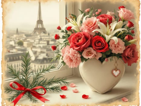 Heart-shaped vase filled with roses, lilies, and carnations resting on a windowsill, showcasing a romantic view of the Eiffel Tower, adorned with a red ribbon and scattered petals