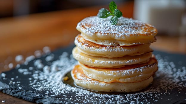 A stack of fluffy pancakes topped with powdered sugar and a fresh mint leaf. This finger food favorite is a staple dish in the breakfast cuisine, perfect for any meal of the day