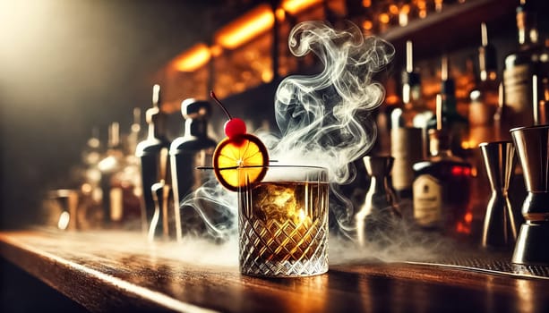 The images showcase an exquisitely crafted cocktail, emitting delicate wisps of smoke on a marble bar top. The rich, dark drink is garnished with a vibrant orange slice and a cherry, while the background reveals a mixologist’s hand at work, all bathed in warm, inviting light.
