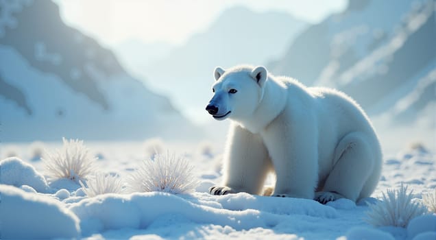 A polar bear is sitting in the snow, looking at the camera. The scene is peaceful and serene, with the bear being the main focus