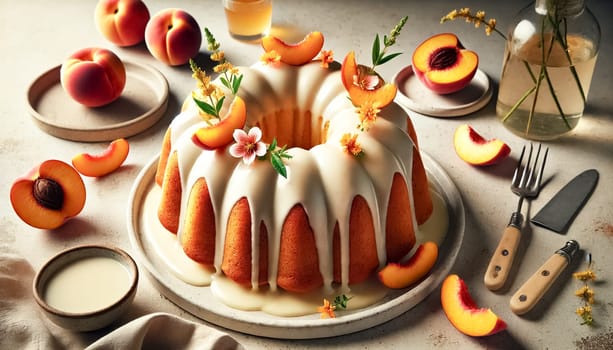 A beautifully presented bundt cake topped with a smooth vanilla glaze, set on a white plate. Surrounded by vibrant peach slices and small orange flowers, the cake's golden-brown crust contrasts with the creamy glaze that drips down the sides. The scene is complemented by a rustic cake server and soft natural light, evoking a warm, inviting atmosphere perfect for a summer treat.