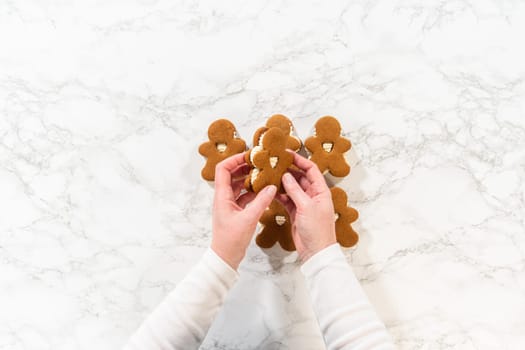Flat lay. Gingerbread cookies filled with eggnog buttercream stand out, their rich hue complementing the eggnog buttercream, against a gentle background. These festive treats exude a homemade allure.
