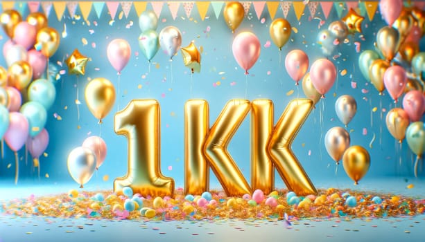 This lively celebration scene features large golden balloons spelling "1K" surrounded by colorful confetti and pastel balloons. A shallow focus effect blurs the background, with out-of-focus confetti floating in the air, enhancing the festive atmosphere.