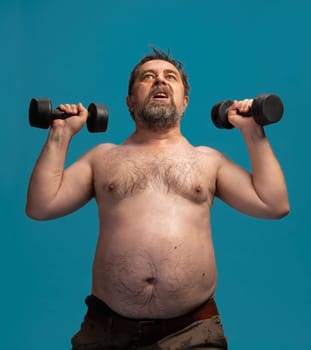An elderly man focuses on exercising with dumbbells, showcasing his determination and physical fitness. The vibrant backdrop highlights his effort in maintaining strength and health.