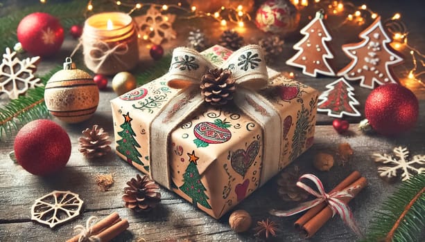 A charming Christmas present wrapped in homemade, hand-painted paper with a festive bow, placed on a rustic wooden table. The intricate designs on the paper showcase a personal touch, making the gift stand out.