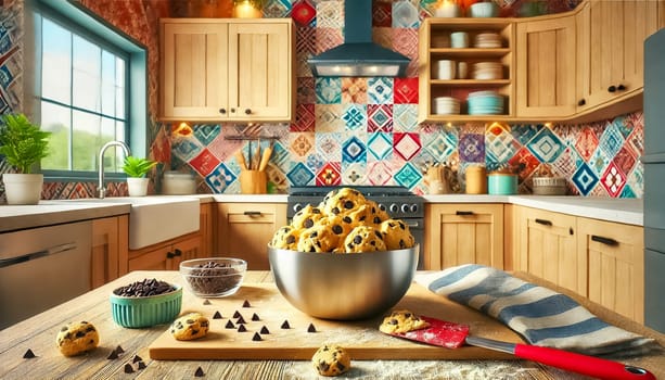 Vibrant and modern kitchen with colorful backsplash tiles and light wood cabinets. The kitchen is a bit messy after baking cookies, with flour on the countertops, used bowls, and chocolate chips scattered around. The cookie dough in a stainless steel bowl is in sharp focus, highlighted by the shallow depth of field.