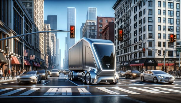 An avant-garde electric delivery truck navigates through the urban jungle, showcasing its dominance on the crosswalk of a bustling downtown street, merging efficiency with futurism.