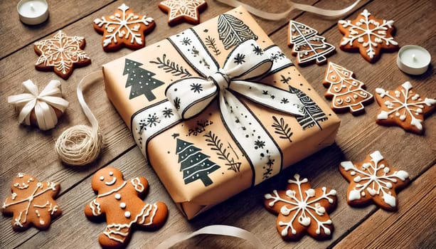 A Christmas present on a wooden table, wrapped in homemade, hand-painted paper with a bow and straps. Beside the gift are handmade gingerbread cookies decorated with royal icing, adding a festive touch.