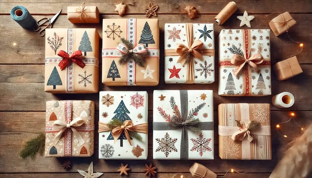 Top-down view of several Christmas presents of different sizes on a wooden table, wrapped in homemade, hand-painted paper with bows and straps. The minimalist and festive designs offer an elegant holiday presentation.