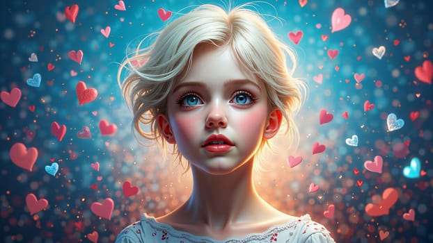 A young girl with blue eyes and blonde hair is surrounded by a cloud of hearts. The image is a work of art, with the girl's face and hair being the main focus