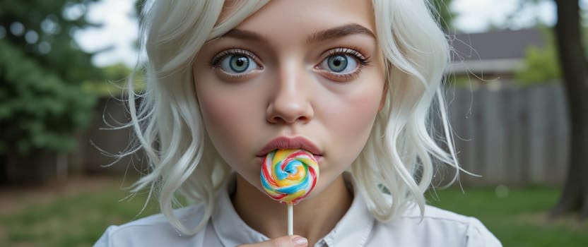 A woman with blonde hair and green eyes is holding a lollipop. The image has a playful and fun mood, as the woman is posing with the colorful candy