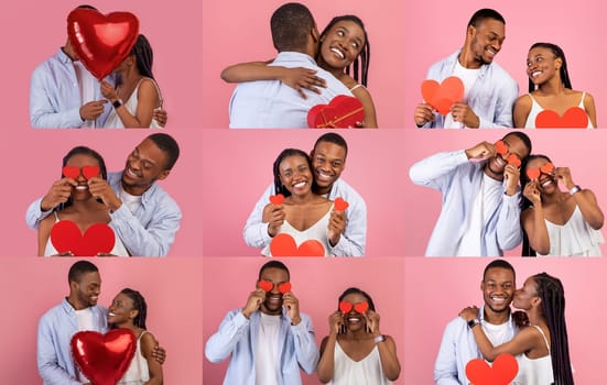 A joyful black couple shares affectionate moments, holding red heart props against a pink background. They express love and happiness while celebrating their relationship on Valentine's Day.