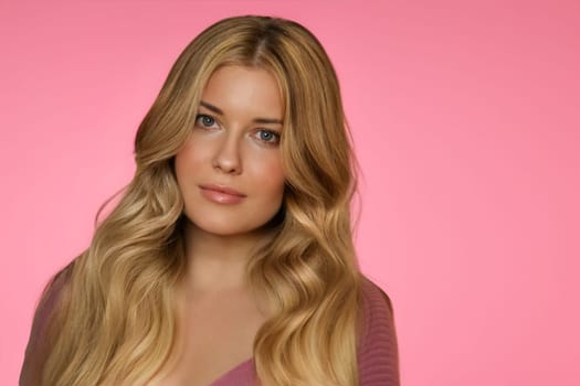 Woman, pink background, beauty and glamour. Blonde beautiful woman, soft curls and glowing skin, fashion and elegance idea