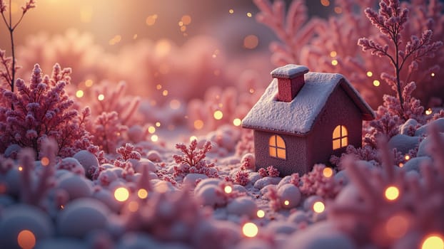 A small house is surrounded by snow and trees. The house is lit up with lights, giving it a cozy and warm feeling. The scene is set in a winter wonderland, with the snow-covered ground