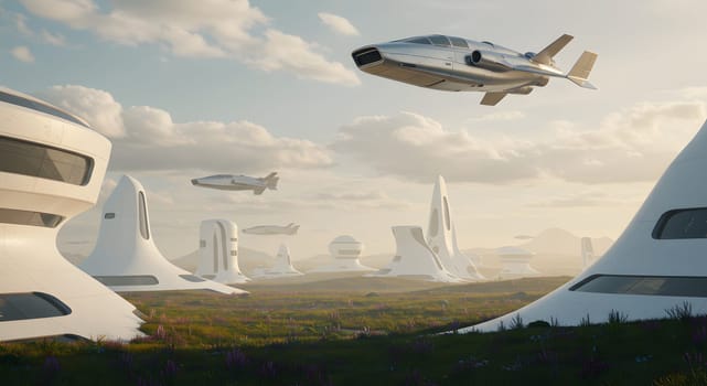 A tranquil landscape features futuristic, smooth white domed buildings on a grassy field alongside metallic flying vehicles. This scene illustrates future city and transport concepts or eco-friendly design ideas.