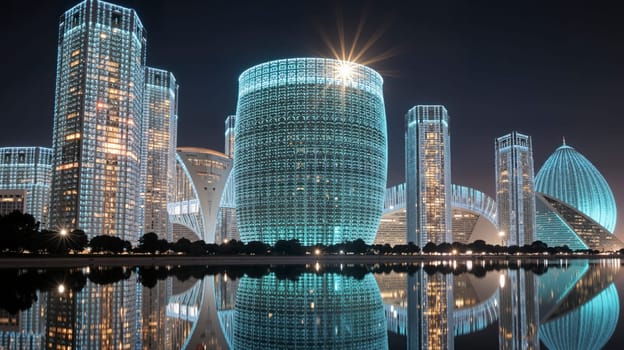 A city skyline with a large building in the middle. The city is lit up at night. Scene is bright and lively
