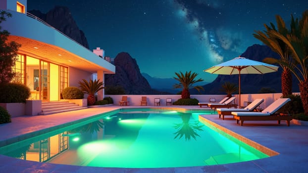 A large pool with a white house in the background. The pool is lit up at night, creating a serene and relaxing atmosphere
