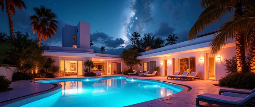 A large pool with a white house in the background. The pool is lit up at night, creating a serene and relaxing atmosphere