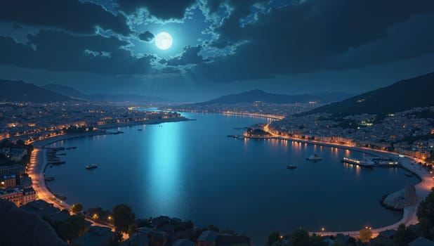 A beautiful night sky with a full moon and a calm lake. The city lights reflect on the water, creating a serene and peaceful atmosphere