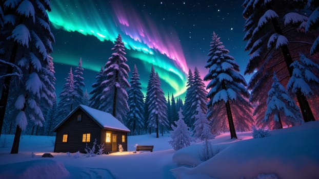 A small cabin is surrounded by trees and snow. The sky is filled with auroras, creating a serene and peaceful atmosphere