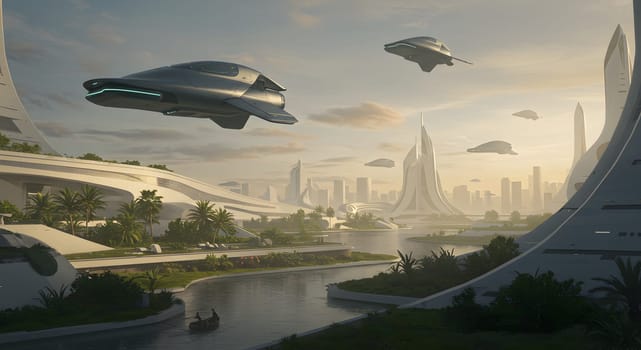 City landscape with advanced architecture and technology in golden light. A narrow river with palm trees flows, flying cars slide above, future city and transport concepts or eco-friendly design ideas