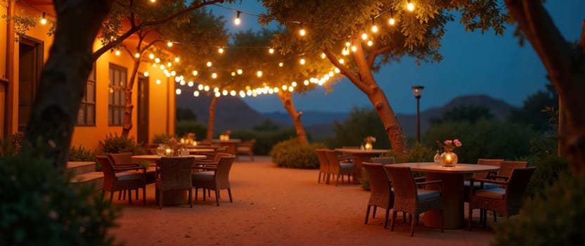 A patio with tables and chairs lit up with lights. Scene is warm and inviting