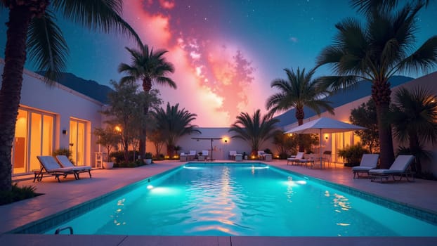 A large pool with a white house in the background. The pool is lit up at night, creating a serene and relaxing atmosphere