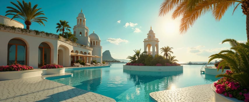 A beautiful pool with a white building in the background. The pool is surrounded by palm trees and flowers