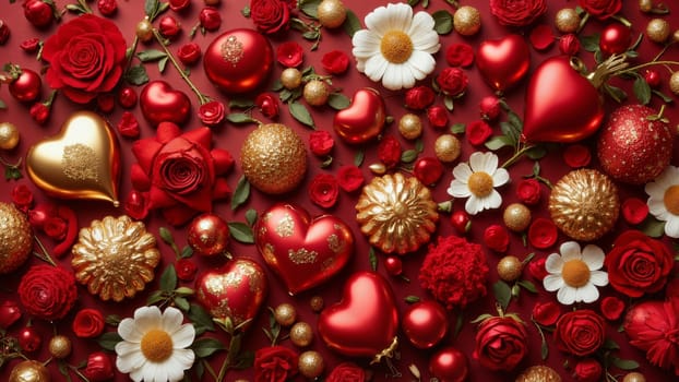 A red and gold flower arrangement with many red hearts and gold balls. The flowers and balls are scattered all over the image, creating a festive and joyful atmosphere