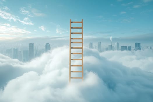 A wooden ladder extends into a bright sky, hovering above soft clouds and a futuristic cityscape, symbolizing aspiration and new opportunities.