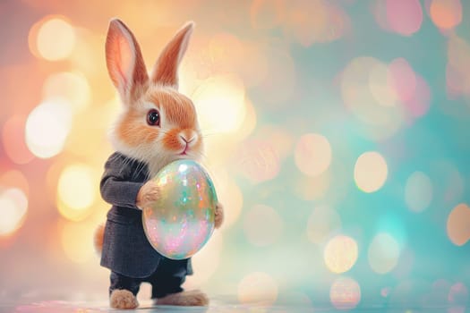 This charming rabbit in a formal suit holds a colorful Easter egg, surrounded by a vibrant bokeh background. Perfect for spring celebrations!