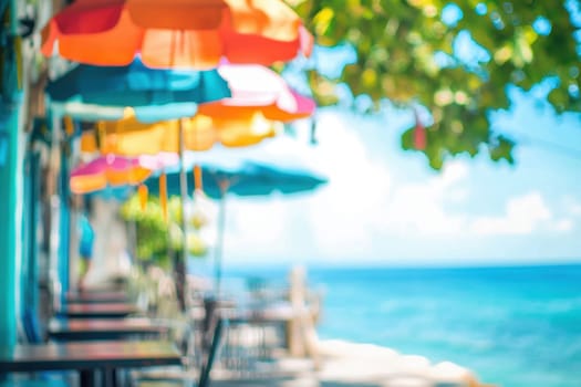 Bright and colorful beachside cafe scene with umbrellas, tables, and ocean view, creating a relaxed and inviting atmosphere perfect for summer vibes.