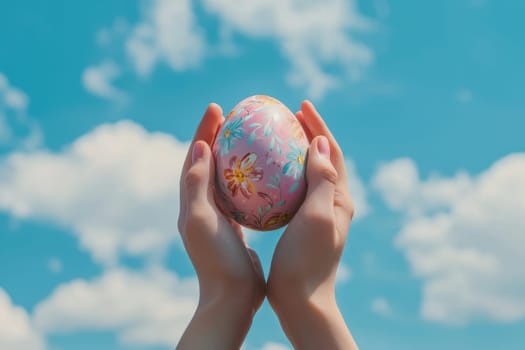 A pair of hands gently holds a beautifully painted Easter egg against a bright blue sky adorned with fluffy clouds, symbolizing spring and celebration.