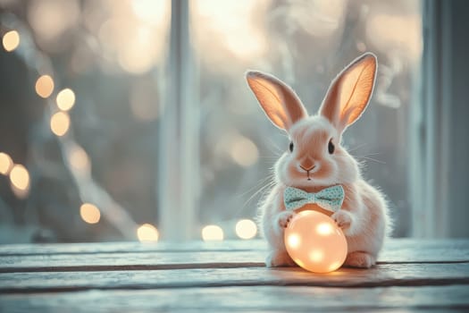 A sweet bunny in a bowtie holds a glowing egg, embodying the spirit of spring and Easter celebrations. Perfect for festive themes.