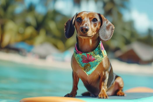 A charming dachshund in a colorful bandana poses on a paddleboard, radiating joy and playfulness near a stunning beach. Perfect for summer vibes!