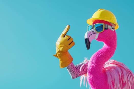 A playful pink flamingo dressed in sunglasses, a hard hat, and yellow gloves stands striking against a clear blue sky, exuding fun and cheerfulness.