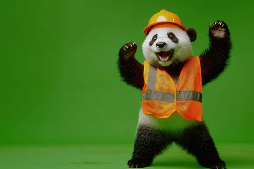 A playful panda dressed in a bright safety vest and hard hat celebrates joyfully on a vivid green background, perfect for cheerful projects.