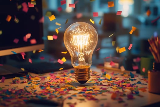 A warm light bulb radiates in a creative workspace surrounded by colorful confetti, symbolizing joy and inspiration. Perfect for themes of creativity and celebration.