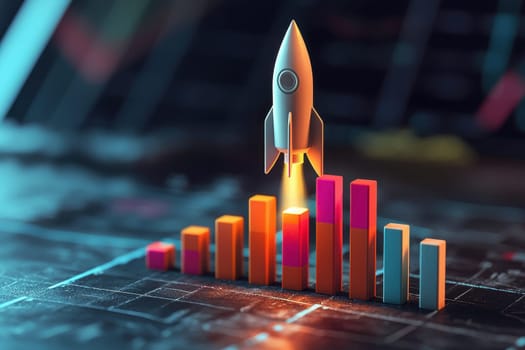 A captivating image of a rocket launching over a vibrant bar graph, symbolizing growth and innovation in business. Perfect for illustrating success and progress in various sectors.