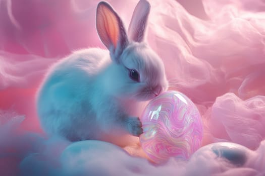 This enchanting image features a fluffy white rabbit delicately interacting with a colorful marble egg, set against a dreamy pastel background. Perfect for spring themes.